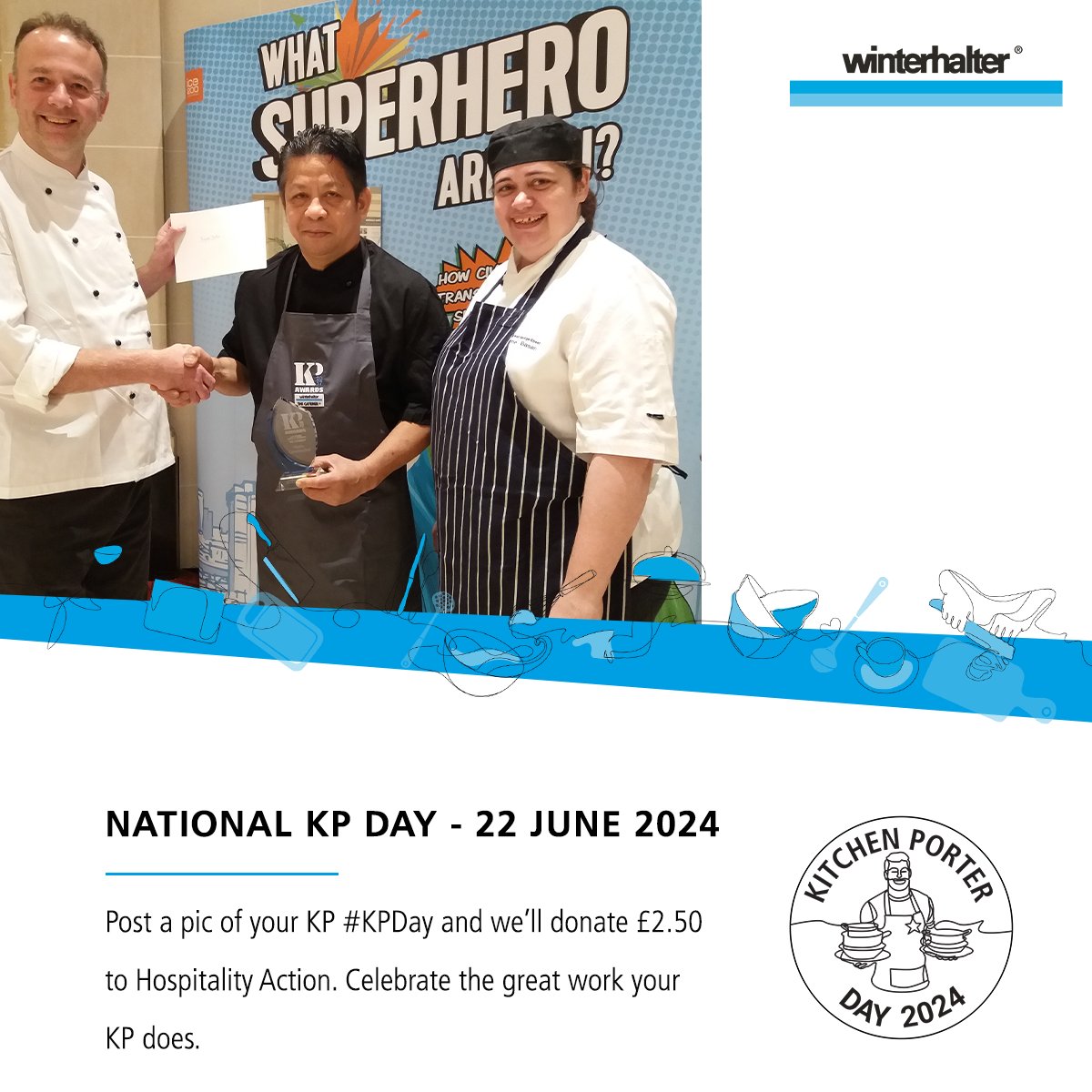 Hey <a href="/hospitalcaterer/">Hospital Caterers Association</a>! 
Do your members have an unsung hero in their kitchens? 🎉

We'll donate £2.50 to <a href="/HospAction/">Hospitality Action</a> for every photo submitted by your members of their kitchen porters to celebrate National #kpday on 22nd June. 

#WinterhalterUK #HospitalityAction #KitchenPorters