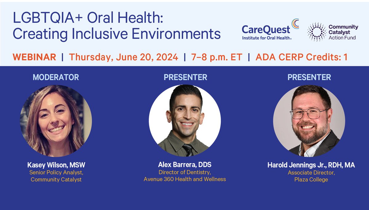 CareQuestInst's tweet photo. TONIGHT! 

During #PrideMonth, join us and @CommCatHealth for a #webinar exploring LGBTQIA+ #oralhealth. Our panel will explain how to implement practice and program changes that respect and incorporate diverse identities and help improve health outcomes. https://t.co/qJzuqZPCfA https://t.co/VKSP2pEZTf