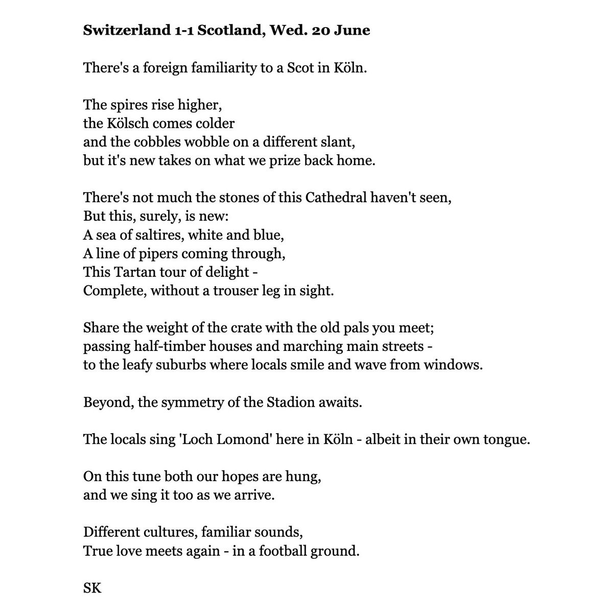 The football poems are back! ✏️⚽️🏴󠁧󠁢󠁳󠁣󠁴󠁿

Scribbled a wee poem while waiting for my train in Köln/Cologne this morning. A dream city! 🇩🇪

#EURO2024 #Cologne #Köln #TartanArmy #Scotland
