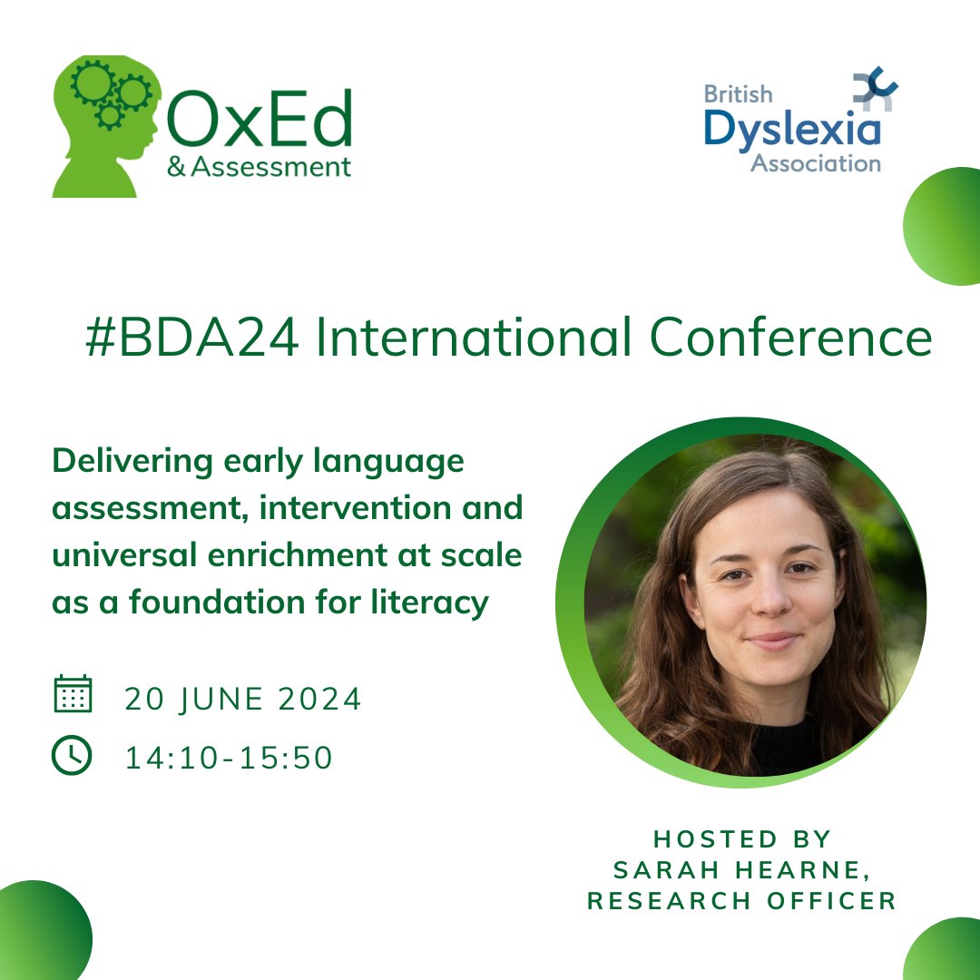 OxEdAssessment's tweet photo. If you're at #BDA24 today then don't miss our workshop hosted by our Research Officers @SarahHearne8,  Fiona Silley and @MarielaRiosDiaz. They'll dive into the research behind our early language assessment, intervention and universal enrichment programmes. https://t.co/ZZ8IvqTUTU