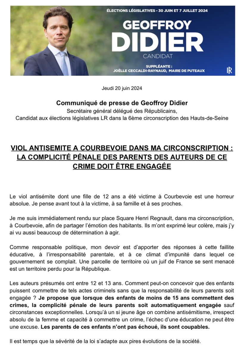 GeoffroyDidier's tweet photo. Les auteurs présumés du viol antisémite de #Courbevoie ont 12 et 13 ans. 

À cet âge-là, les parents sont responsables de leurs enfants. 

Je propose que la complicité pénale des parents des auteurs de ce crime soit engagée.

Mon communiqué de presse 👇 https://t.co/5CSZ2XHK0Q