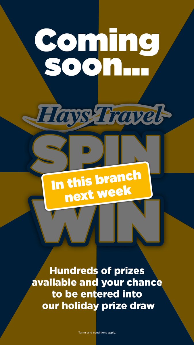 "Spin to win is coming to Hays Travel Middlesbrough on Saturday 29th June and will be in store until Friday 5th July #haystravelspintonwin"