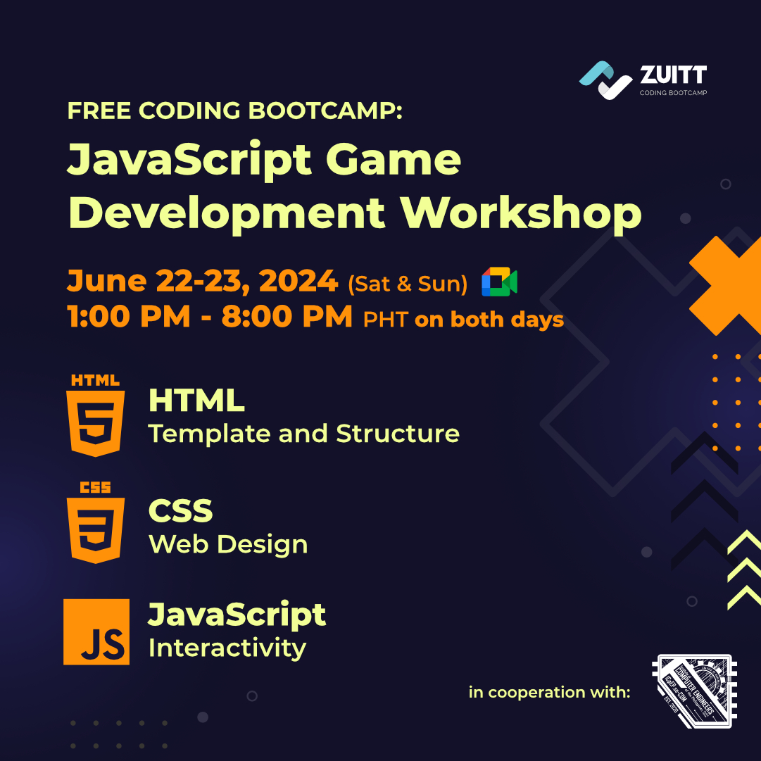 zuittco's tweet image. 🎮 Join our FREE 2-day JavaScript Game Development Workshop in partnership with ICPEP.se - Colegio de Muntinlupa ! 🚀
🙋 Sign up now: codenow.zuitt.co/FCBJune22-23Re…
#Zuitt #GameDevelopmentWorkshop #FreeCodingBootcamp #JavaScript #HTML #CSS