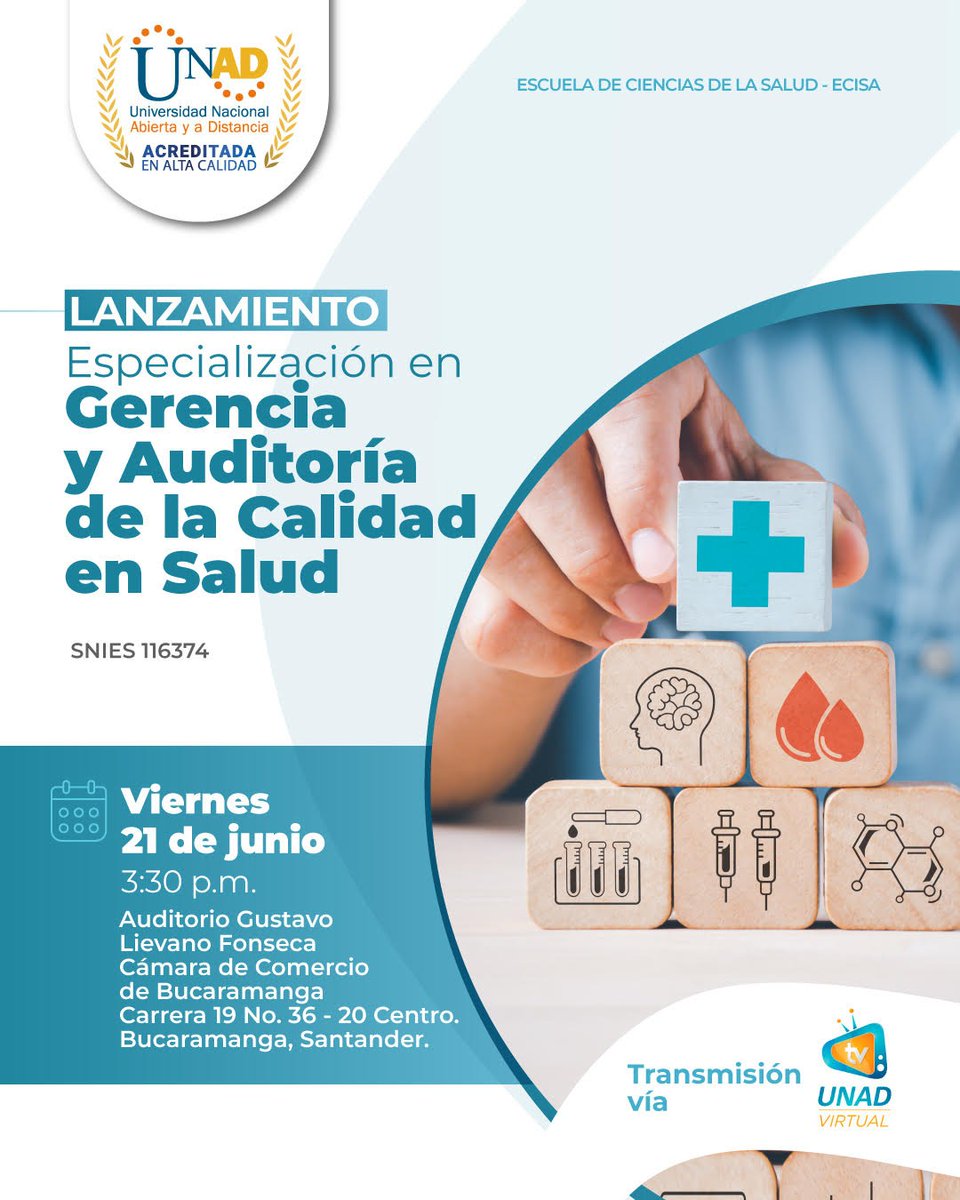 #ElOIRIvita  La escuela de Salud <a href="/ECISalud/">ECISalud</a> invita al  Lanzamiento de la especialización  en Gerencia y Auditoria  de la Calidad en Salud. El Viernes  21 de junio 3.30 pm en el auditorio de la Cámara de Comercio de Bucaramanga, Santander.  <a href="/myriamleonor/">Myriam Leonor Torres Pérez</a> <a href="/UnadZcori/">Zona Centro Oriente</a>