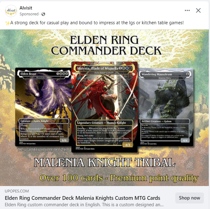 Welcome to the next stage of the proxy / counterfeit card discourse:  Pre-made commander decks using scantily clad women and popular media like Elden  Ring to push sales of fake cards. These