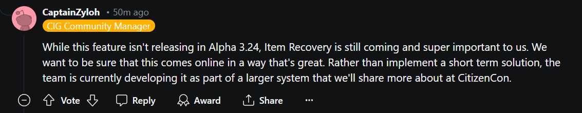 TheRubenSaurus's tweet photo. So alpha 3.23.2 is now being called 3.24 because of the big changes.
And it sound like we're not getting item recovery this year after all, which is really disappointing if you ask me.

https://t.co/NdKacGhM8F

#StarCitizen https://t.co/2mbYZvWzeI