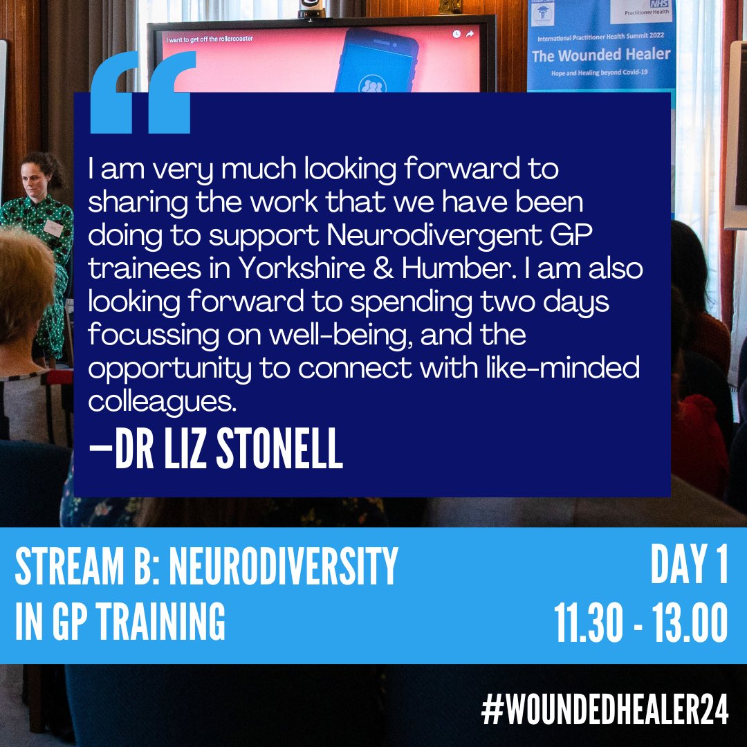 Dr <a href="/LizStonell/">Liz Stonell (she/her)</a> , Associate Dean at NHS England WTE Yorkshire &amp; Humber will be discussing Neurodiversity in training on Day 1 of #WoundedHealer24! Book your place before they run out: bit.ly/thewoundedheal…