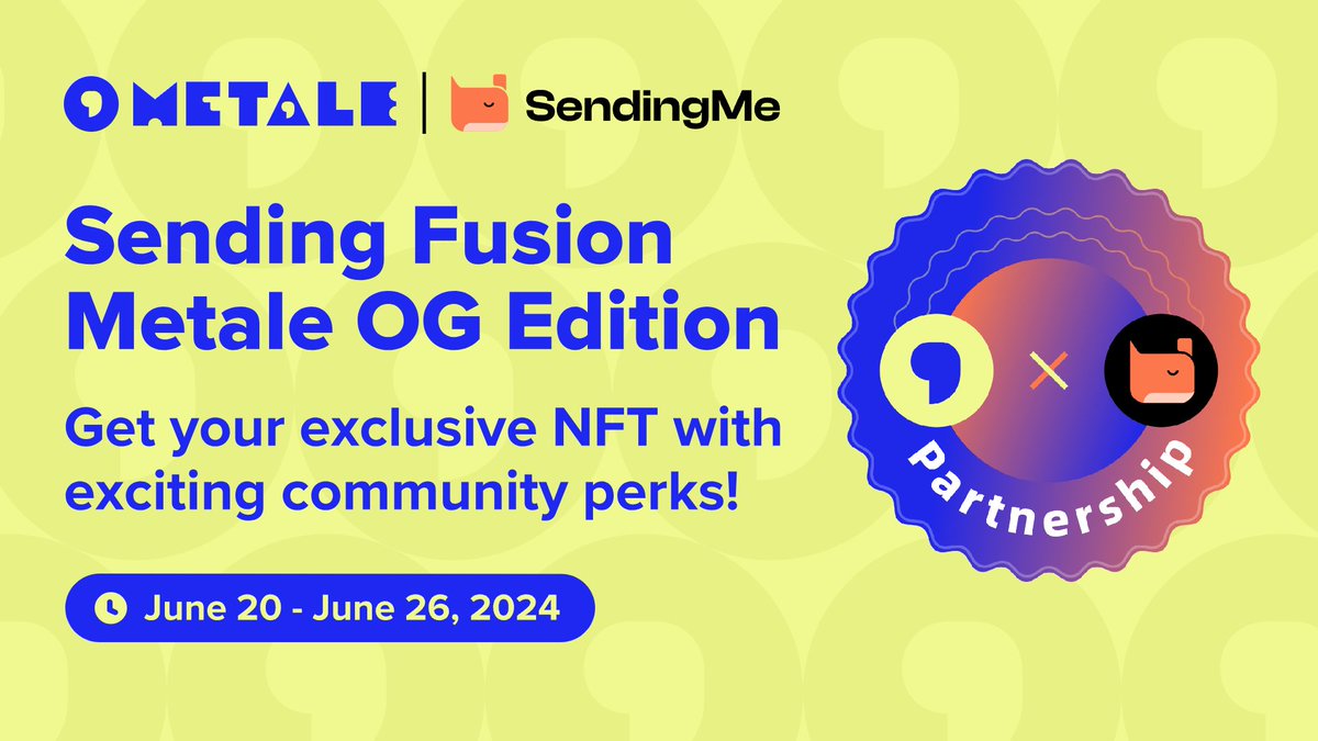 TaleX_chain's tweet image. Thrilled to kick off the Sending Fusion Metale OG Edition campaign with @SendingLabs! 🚀

Community builders, this is your chance to make your mark in history. Complete simple tasks and get your NFT. 👇

app.galxe.com/quest/SendingL…

Be sure to read the event details carefully.