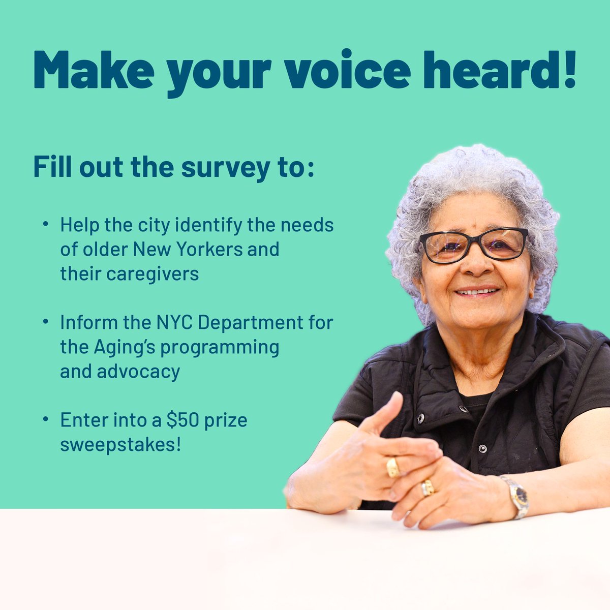 📣 Attention NYC seniors and caregivers! 📣
 
Help shape the future for the seniors of NYC! Your feedback on the NYC Department for the Aging's service needs assessment will guide programs &amp; advocacy – &amp; you could win a $50 prize! Fill out the survey at buff.ly/3XeMBZn