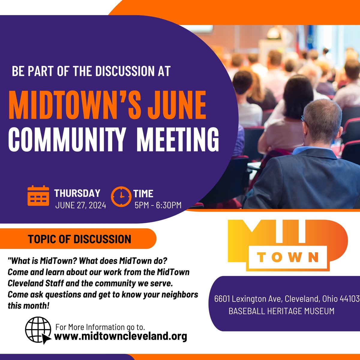 Join us Thursday, June 27th at 5pm for MidTown's community meeting in a new location, ⚾League Park (6601 Lexington Ave)! Learn all about us and what we do as we answer your questions about our organization and share our upcoming plans for the neighborhood.

#midtown #midtowncle