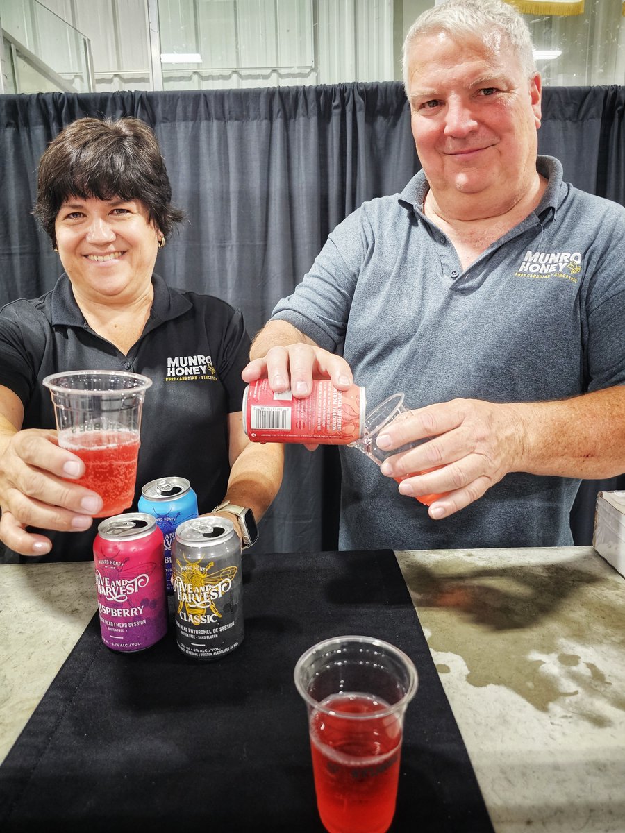 Chris and John Bryans, owners of <a href="/MunroHoney/">Munro Honey & Meadery</a>, offer samples of their craft meads - an alcohol beverage made with honey during <a href="/OntPorkCongress/">Ontario Pork Congress</a>'s Taste the Best. Munro Honey has been keeping bees since 1914. In 1999, they became the first Meadery in Ontario. 

📸: Sharon Grose