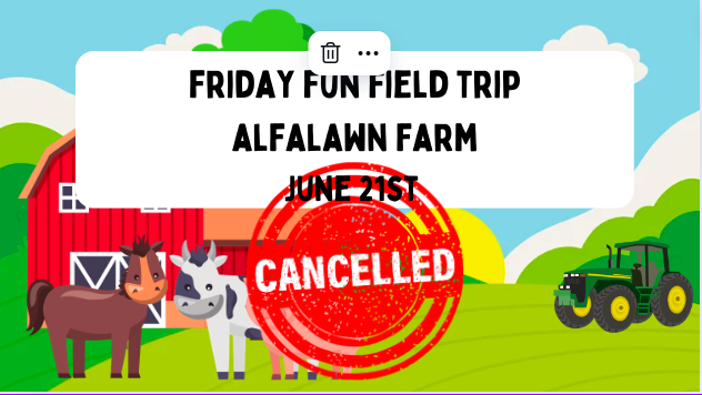 Stacy_J_Lee's tweet photo. The Friday Fun Field Trip to Alfalawn Farms on June 21st has been cancelled due to weather. It will not be rescheduled. @SDMAOnline https://t.co/NNKcFSOFbt