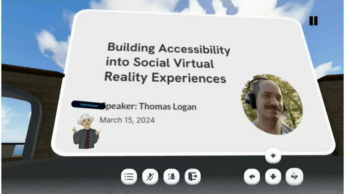Check out A11yVR founder @techThomas's presentation on the new accessibility options in the @Edstutia social virtual reality platform. He also reviews Equal Entry’s work in this space. buff.ly/45wOHG2 

#VirtualReality
#Accessibility
