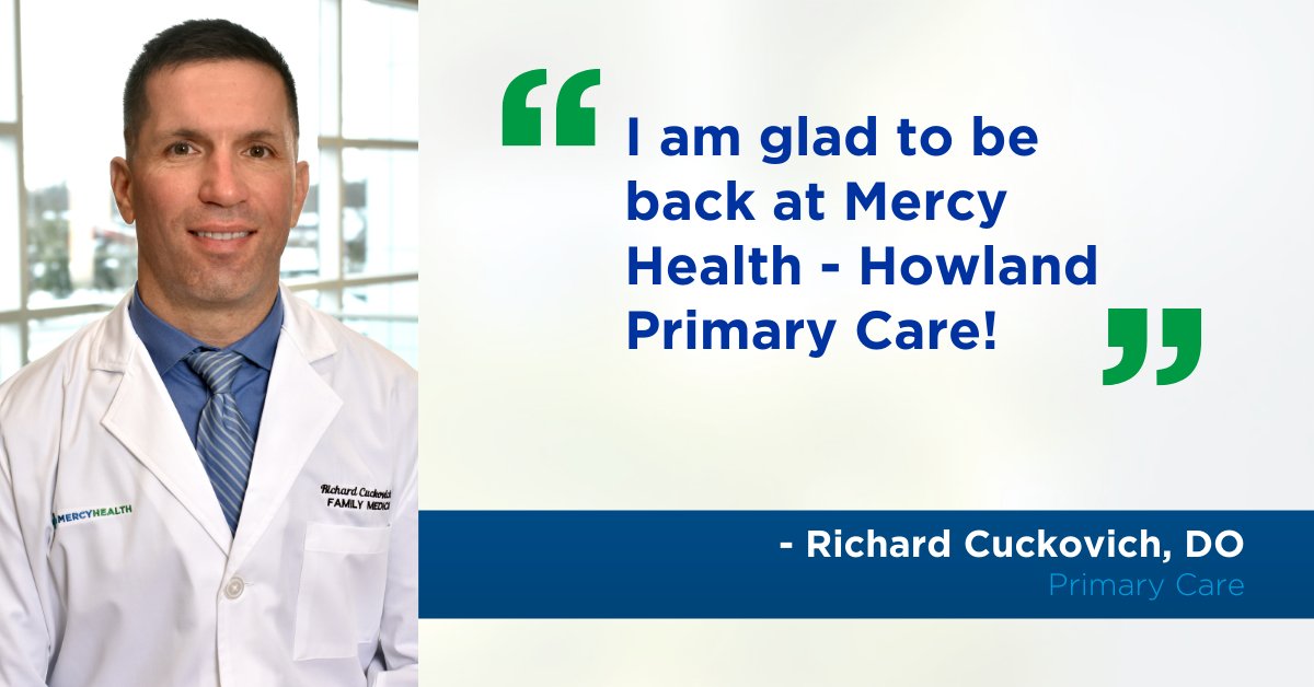 Mercy Health — Howland Primary Care's Dr. Richard Cuckovich is currently accepting new patients. To learn more or to schedule an appointment, call 330-856-7702 or visit bit.ly/3VHrjlX. Please join us in welcoming Dr. Cuckovich back! #PrimaryCare