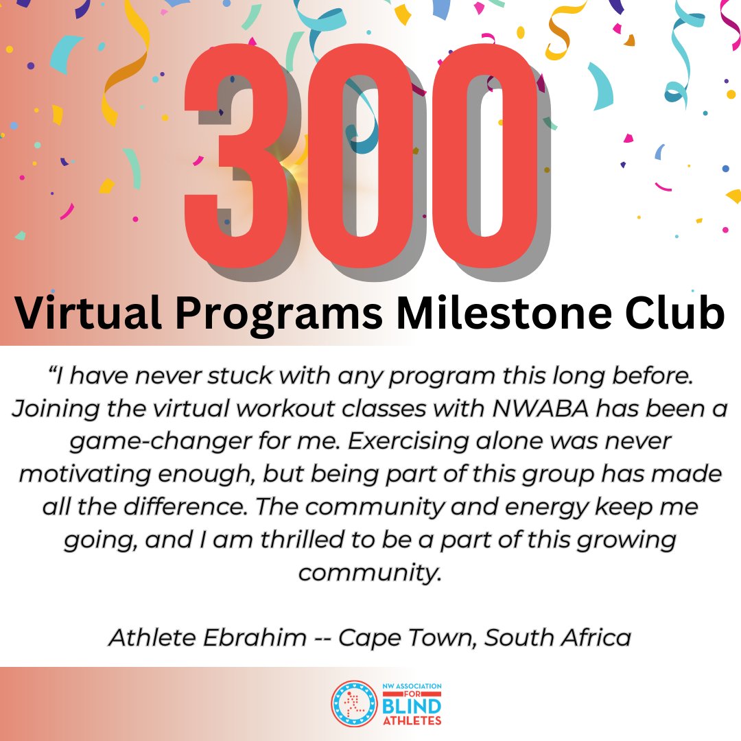 Strive for Excellence! Our athlete Ebrahim tunes in daily, or rather nightly with the time difference from Cape Town, South Africa. Please celebrate Ebrahim on his 300 virtual programs class milestone! Way to go Ebrahim!

#milestone #nwblindathles #virtualworkouts #adaptedsport