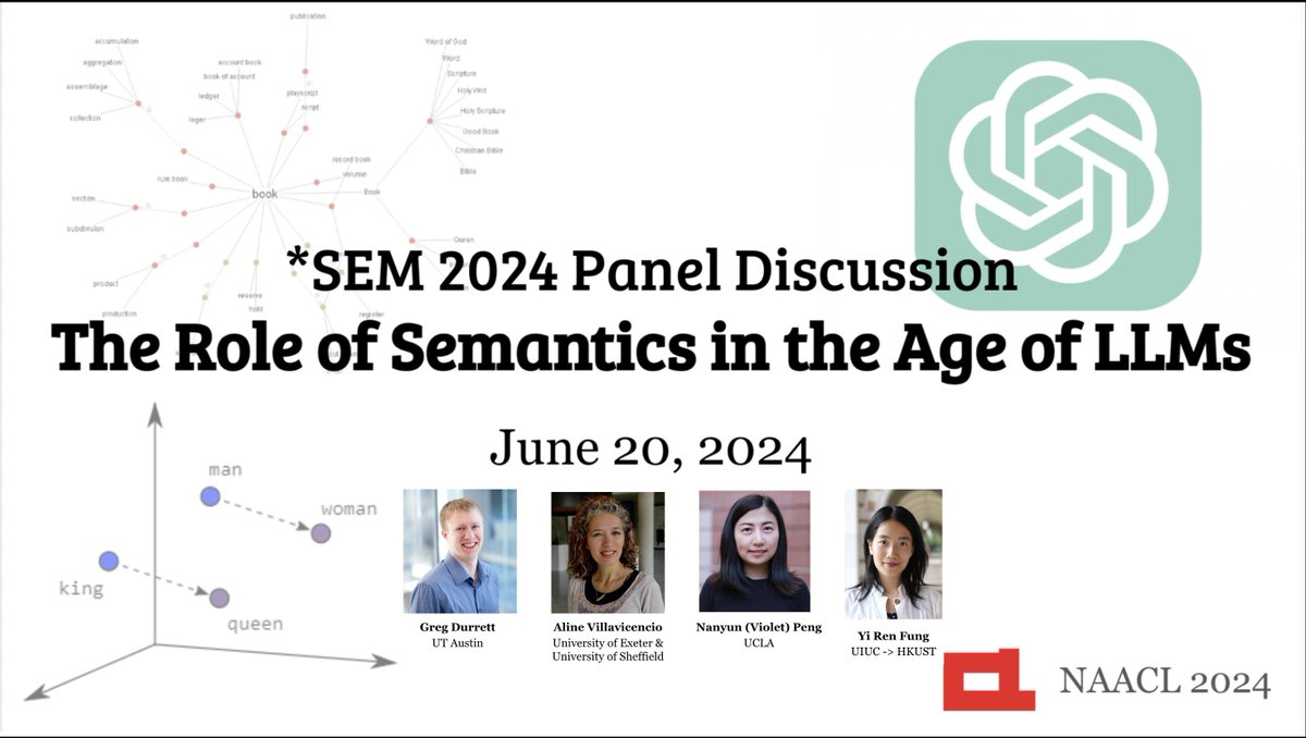 May Fung (@may_f1_) on Twitter photo Want to hear more about "The Role of Semantics in the Age of LLMs"? ๐
For those whoโre attending <a href="/naaclmeeting/">NAACL HLT 2025</a> and still around the area, check out the SEM 2024 Panel Talk this afternoon where <a href="/gregd_nlp/">Greg Durrett</a>, <a href="/AlineVillav/">Aline Villavicencio</a>, <a href="/VioletNPeng/">Violet Peng</a>, and I will be featured! ๐ Want to hear more about "The Role of Semantics in the Age of LLMs"? ๐
For those whoโre attending <a href="/naaclmeeting/">NAACL HLT 2025</a> and still around the area, check out the SEM 2024 Panel Talk this afternoon where <a href="/gregd_nlp/">Greg Durrett</a>, <a href="/AlineVillav/">Aline Villavicencio</a>, <a href="/VioletNPeng/">Violet Peng</a>, and I will be featured! ๐
