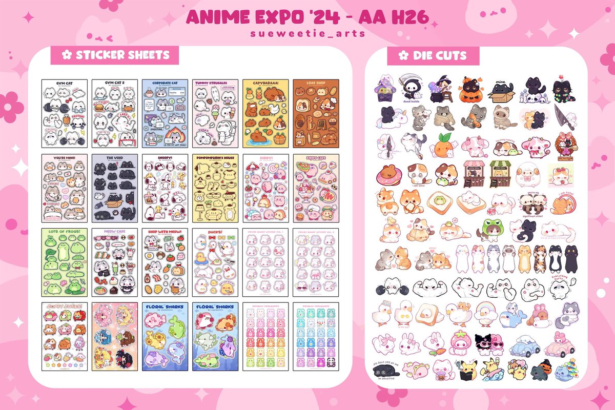 _sueweetie's tweet image. [RT🩷] AX 2024 Catalog! (๑&amp;gt;◡&amp;lt;๑)
 
🎀 Artist Alley H26

˙⟡♡ Cute animals, Sanrio, Snoopy, Kirby &amp;amp; Pokemon!

˙⟡♡ Plushies, pocket mirrors, enamel pins, stickers, etc.

💵  Cash, Card, Apple pay, Venmo, Paypal OK!

#AX2024 #animeexpo2024 #AXArtistalley2024 #AXArtistAlley