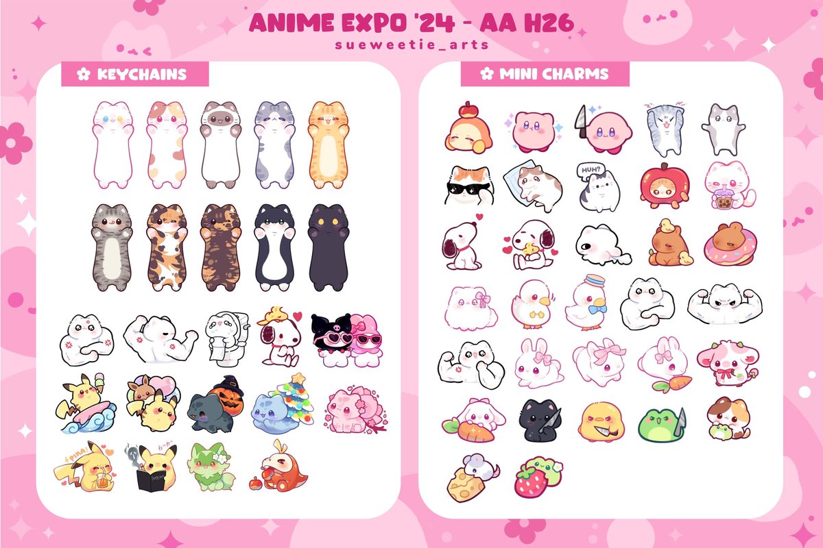 _sueweetie's tweet image. [RT🩷] AX 2024 Catalog! (๑&amp;gt;◡&amp;lt;๑)
 
🎀 Artist Alley H26

˙⟡♡ Cute animals, Sanrio, Snoopy, Kirby &amp;amp; Pokemon!

˙⟡♡ Plushies, pocket mirrors, enamel pins, stickers, etc.

💵  Cash, Card, Apple pay, Venmo, Paypal OK!

#AX2024 #animeexpo2024 #AXArtistalley2024 #AXArtistAlley