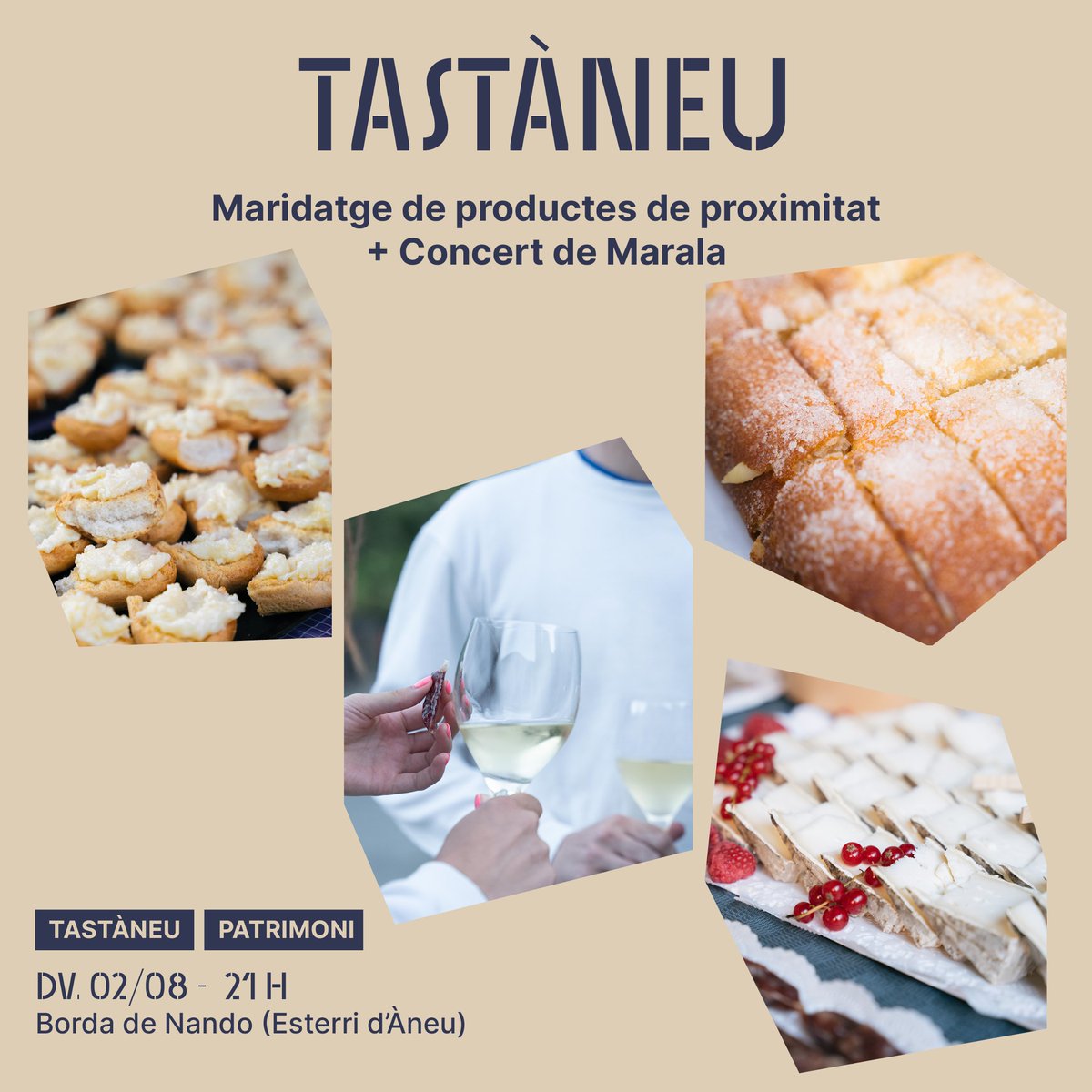 TASTÀNEU 🧀🍷Al Dansàneu comptem amb molts productors del territori i us animem a gaudir del tradicional tast gastronòmic i maridatges amb producte de proximitat.

🌿Enguany serà a Borda de Nando i l'entrada inclou el concert de després amb les Marala! dansaneu.cat/artista/tastan…
