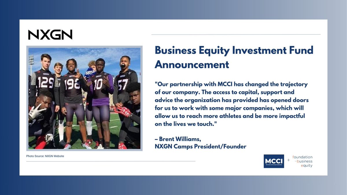 MCCI + Foundation for Business Equity (@fbequity) on Twitter photo We're thrilled to announce our equity investment in NXGN Camps, a BEI graduate and one of the only Black-owned sports camps in the US, led by retired <a href="/Patriots/">New England Patriots</a> Brent Williams. Read more: rb.gy/5xzz7l We're thrilled to announce our equity investment in NXGN Camps, a BEI graduate and one of the only Black-owned sports camps in the US, led by retired <a href="/Patriots/">New England Patriots</a> Brent Williams. Read more: rb.gy/5xzz7l
