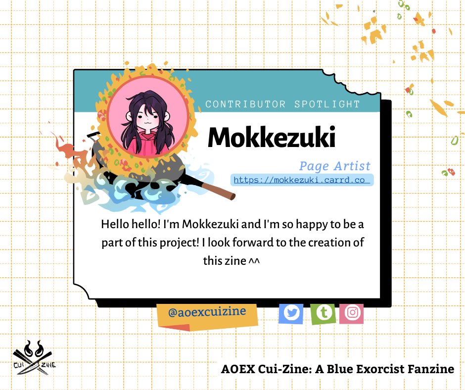 ✨CONTRIBUTOR SPOTLIGHT✨

Introducing <a href="/mokkezuki/">Mokkezuki</a> 🍴

"Hello hello! I'm Mokkezuki and I'm so happy to be a part of this project! I look forward to the creation of this zine ^^"

#aoex #zine #fanzine #blueexorcist #contributorspotlight