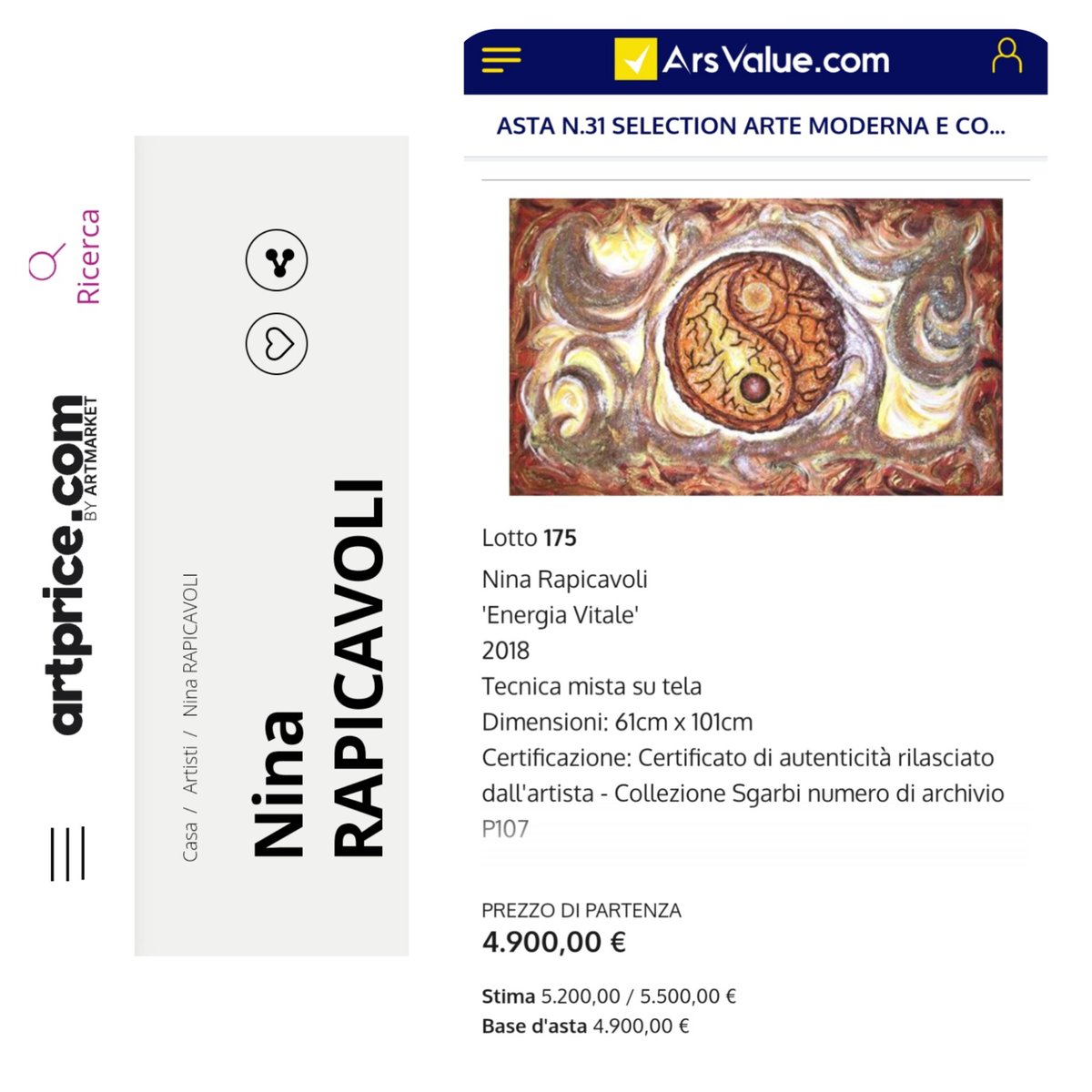<a href="/NINA_RAPICAVOLI/">NINA RAPICAVOLI</a> Artist present on the major Marketplaces and #art Advisory, references for the Italian and international markets. World leader in databases on art prices and indices, with detailed information on the art market and investments.