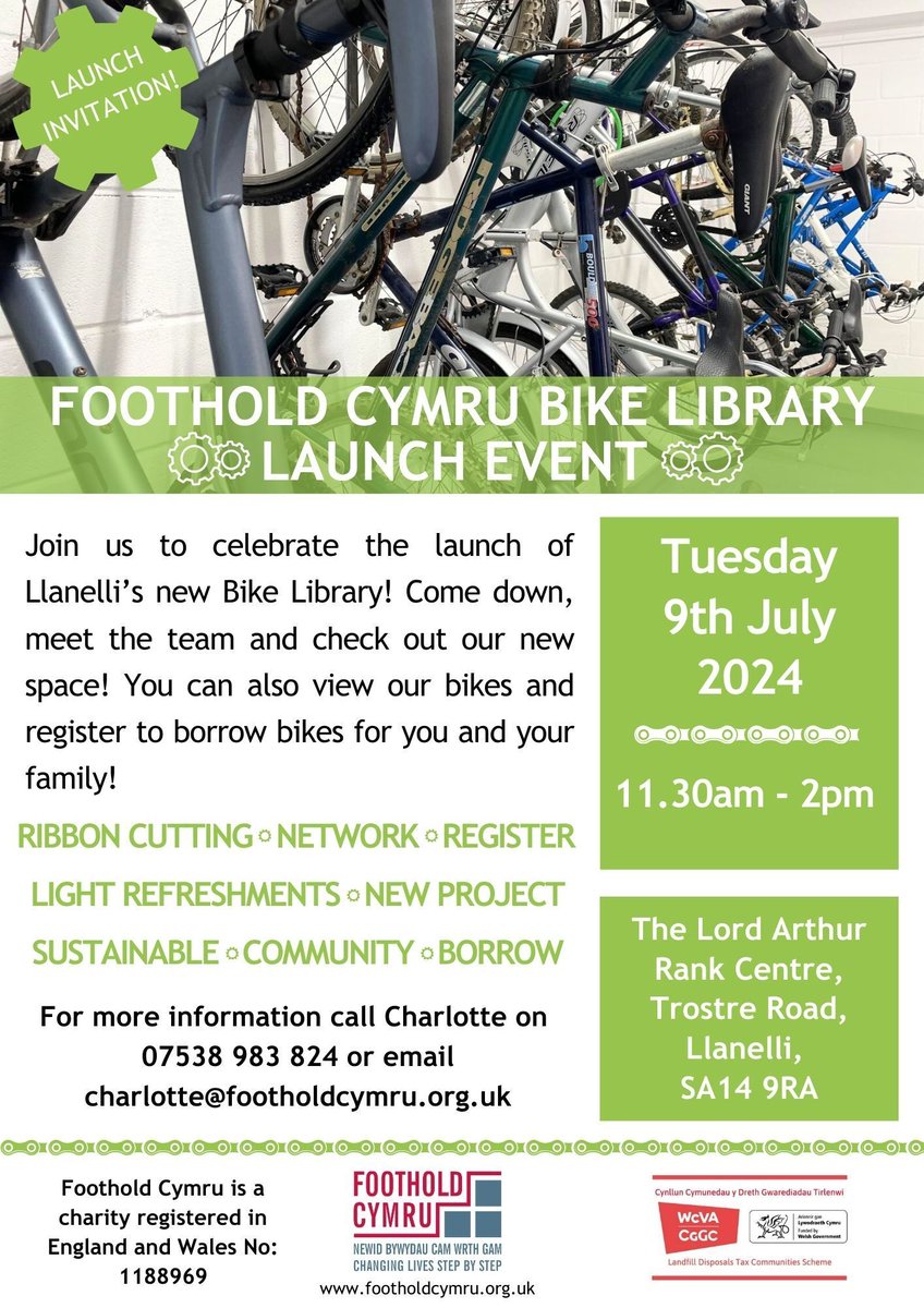 FootholdCymru's tweet image. 🚴‍♂️🎉 launch of Llanelli’s #BikeLibrary! 🎉🚴‍♀️
Come down to meet the team and explore our range of bikes and register to borrow. For more info call 07538 983 824 or email charlotte@footholdcymru.org.uk
#FoothldCymru @wcvaCymru @WelshGovernment