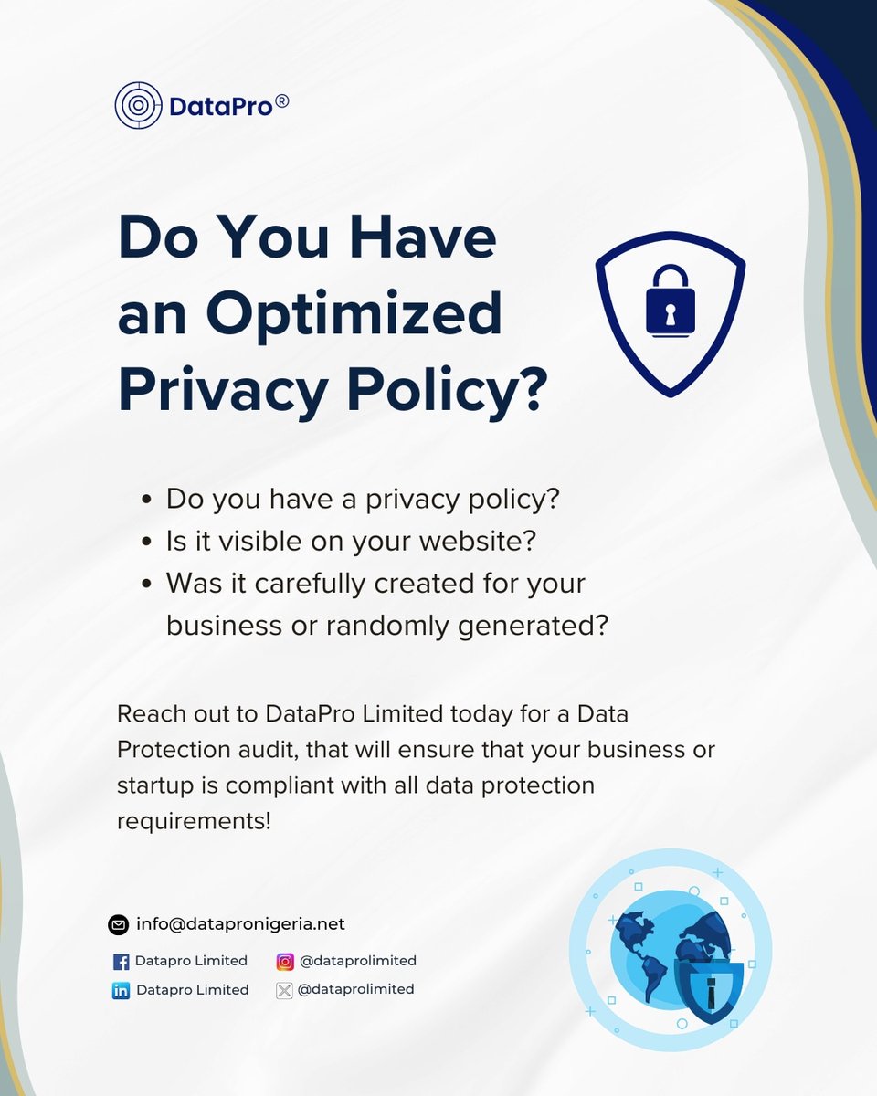DataproLimited's tweet image. Privacy Policy: Check ✔️ or Wreck? Don&apos;t let a weak privacy policy damage your brand! 

Datapro Limited provides expert data protection audits to strengthen your policy and safeguard client data. 
Contact us today. 
#DataProtectionAudit #PrivacyFirst #DataPro #dataprivacy