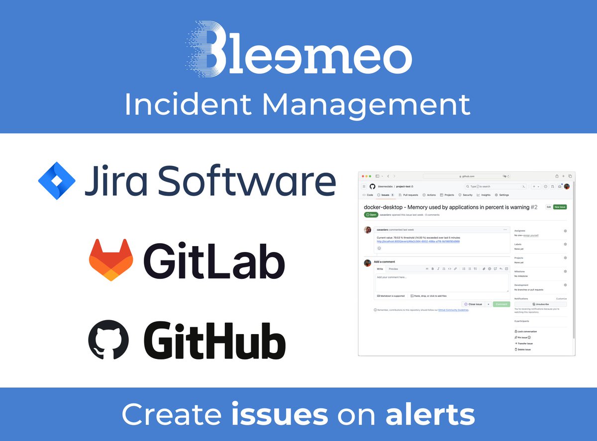 Bleemeo now integrates with Jira, GitLab, and GitHub issues! 🎉 Streamline your incident management process by linking alerts directly to your issue-tracking tools. Enhance team collaboration and resolve issues faster! #Bleemeo #CloudMonitoring #DevOps #Jira #GitLab #GitHub