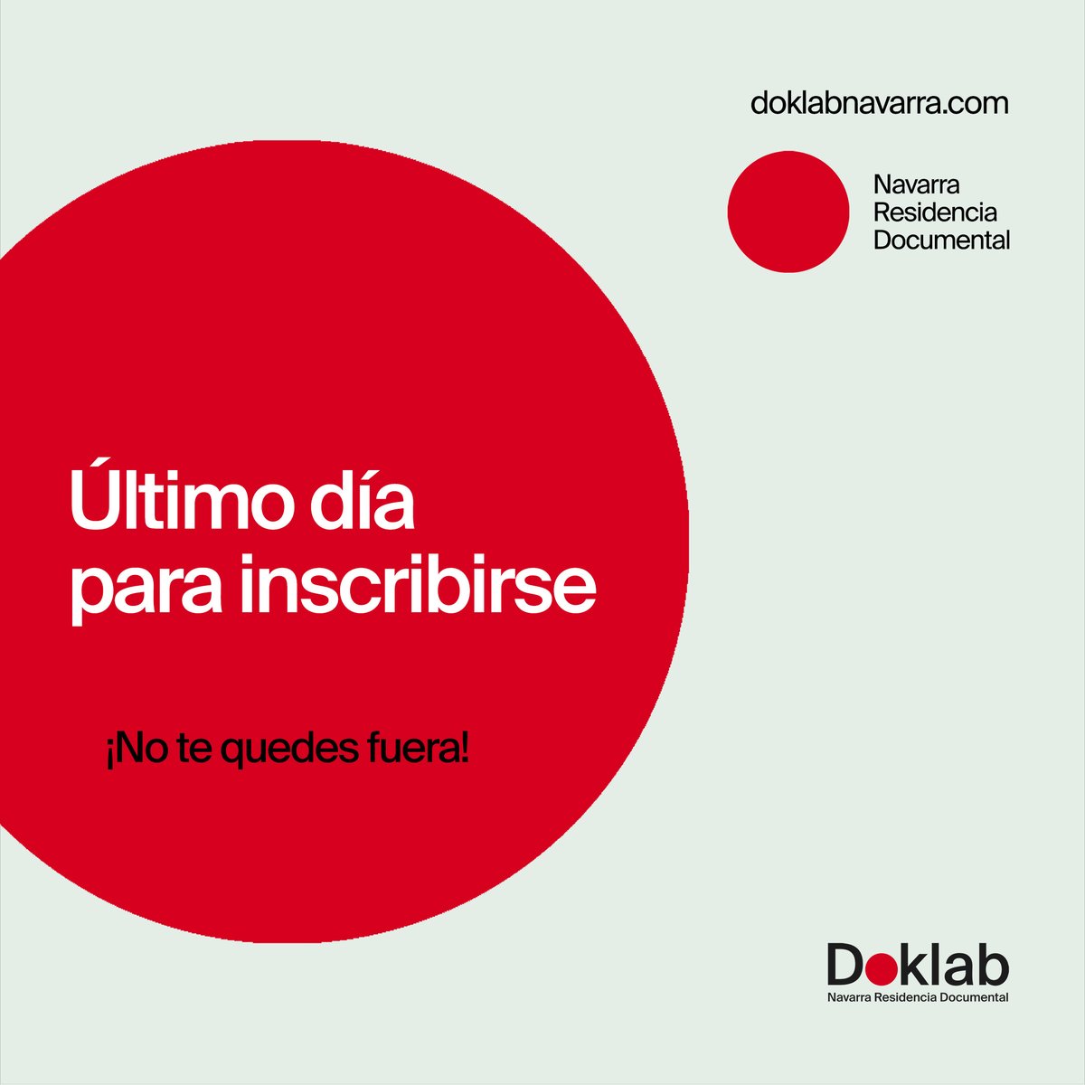 ¡Último día para inscribirse!

doklabnavarra.com

#doklabnavarra #doklab #documental #documentary⁣ #convocatoria #cultura #cine #inscripcion #residenciadocumental #laboratorio #navarra #nafarroa