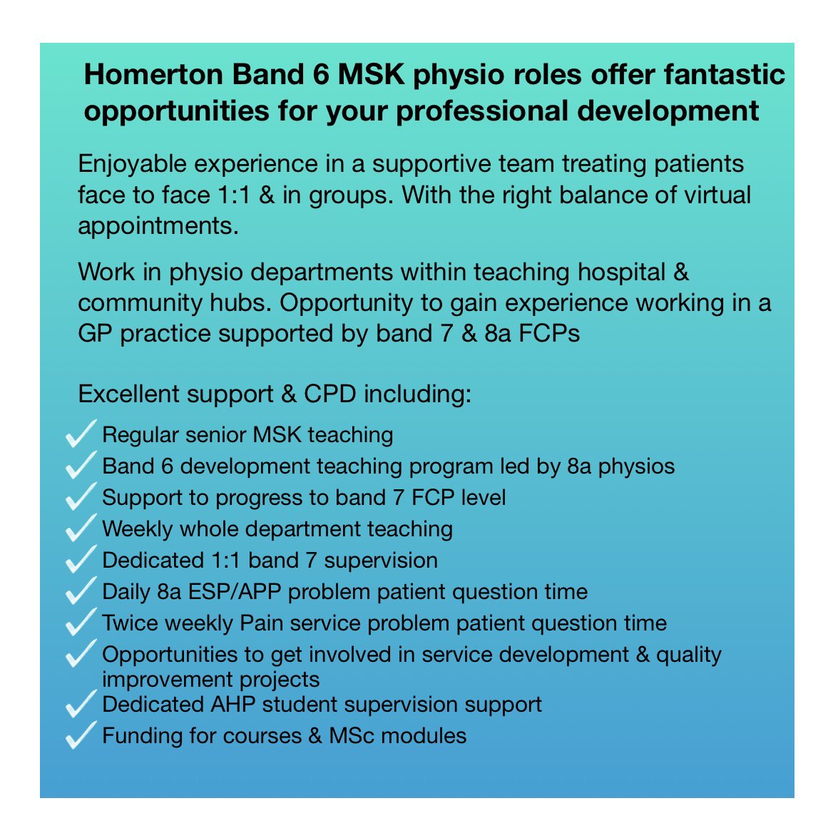 Locomotor Service (@locomotorhuh) on Twitter photo Join us as a permanent band 6 MSK outpatients Physio. Benefit from a Supportive team environment😁Daily clinical support from senior clinicians😁Regular Teaching & Socials😀a TEAM that wants YOU to GROW & progress👍apply <a href="/HomertonNHSJobs/">Homerton NHS Recruitment</a> #Physio <a href="/thecsp/">Chartered Society of Physiotherapy (CSP)</a>
jobs.nhs.uk/candidate/joba… Join us as a permanent band 6 MSK outpatients Physio. Benefit from a Supportive team environment😁Daily clinical support from senior clinicians😁Regular Teaching & Socials😀a TEAM that wants YOU to GROW & progress👍apply <a href="/HomertonNHSJobs/">Homerton NHS Recruitment</a> #Physio <a href="/thecsp/">Chartered Society of Physiotherapy (CSP)</a>
jobs.nhs.uk/candidate/joba…