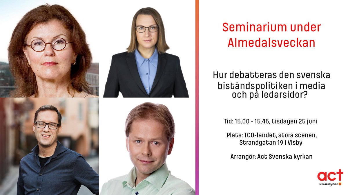 Seminarium under Almedalsveckan:

Hur debatteras den svenska biståndspolitiken i media och på ledarsidor?
 
Tid: 15.00 - 15.45, tisdagen 25 juni 
Plats: TCO-landet, stora scenen, Strandgatan 19 i Visby 

<a href="/HenrikFrojmark/">Henrik Fröjmark</a> <a href="/anderslindberg/">Anders Lindberg</a> <a href="/KajsaKettil/">Kajsa Kettil</a> och <a href="/heidiavellan/">Heidi Avellan</a>