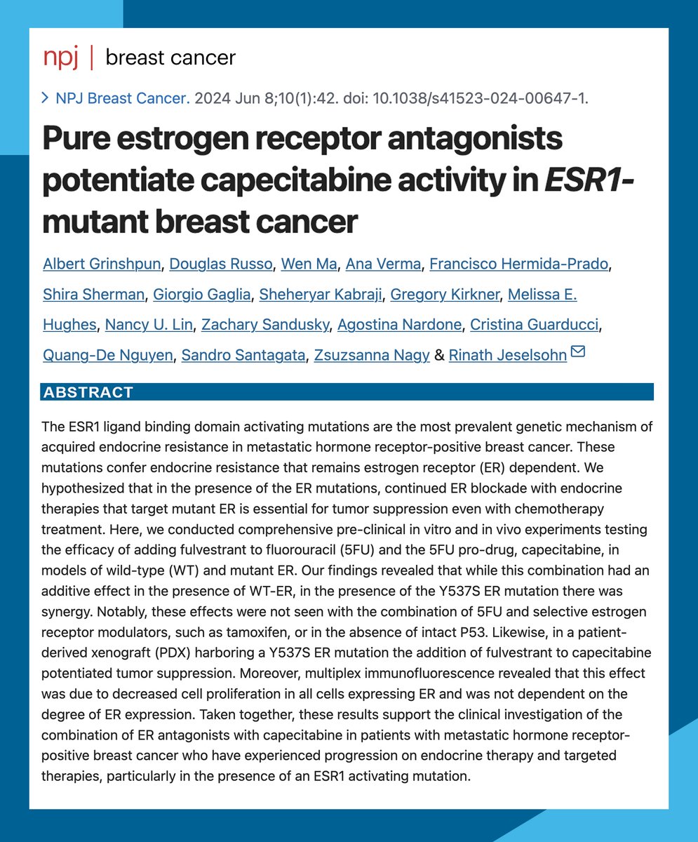 New study examining pure estrogen receptor antagonists potentiate capecitabine activity in ESR1-mutant breast cancer now published in
<a href="/Nature_NPJ/">npj Journals</a> #BreastCancer. 
👉pubmed.ncbi.nlm.nih.gov/38851818/
<a href="/AlbertGrinshpun/">Albert Grinshpun</a> <a href="/RMJesel/">Rinath Jeselsohn</a> <a href="/nlinmd/">Nancy Lin, MD</a> <a href="/SKabrajiMD/">Sheheryar Kabraji</a> @gkirkner <a href="/CriGuarducci/">Cristina Guarducci</a> @SantagataLab
