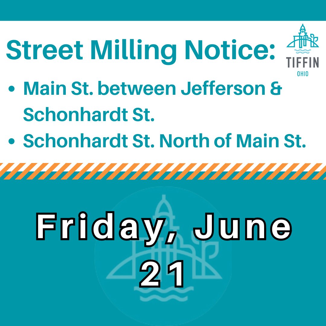 As part of the CSO 24 &amp; 30 Inflow Reduction Project, street milling will begin tomorrow, Friday, June 21, on Main Street between Jefferson and Schonhardt Street as well as Schonhardt north of Main Street. Residents can expect delays and/or lane/road closures during this time.