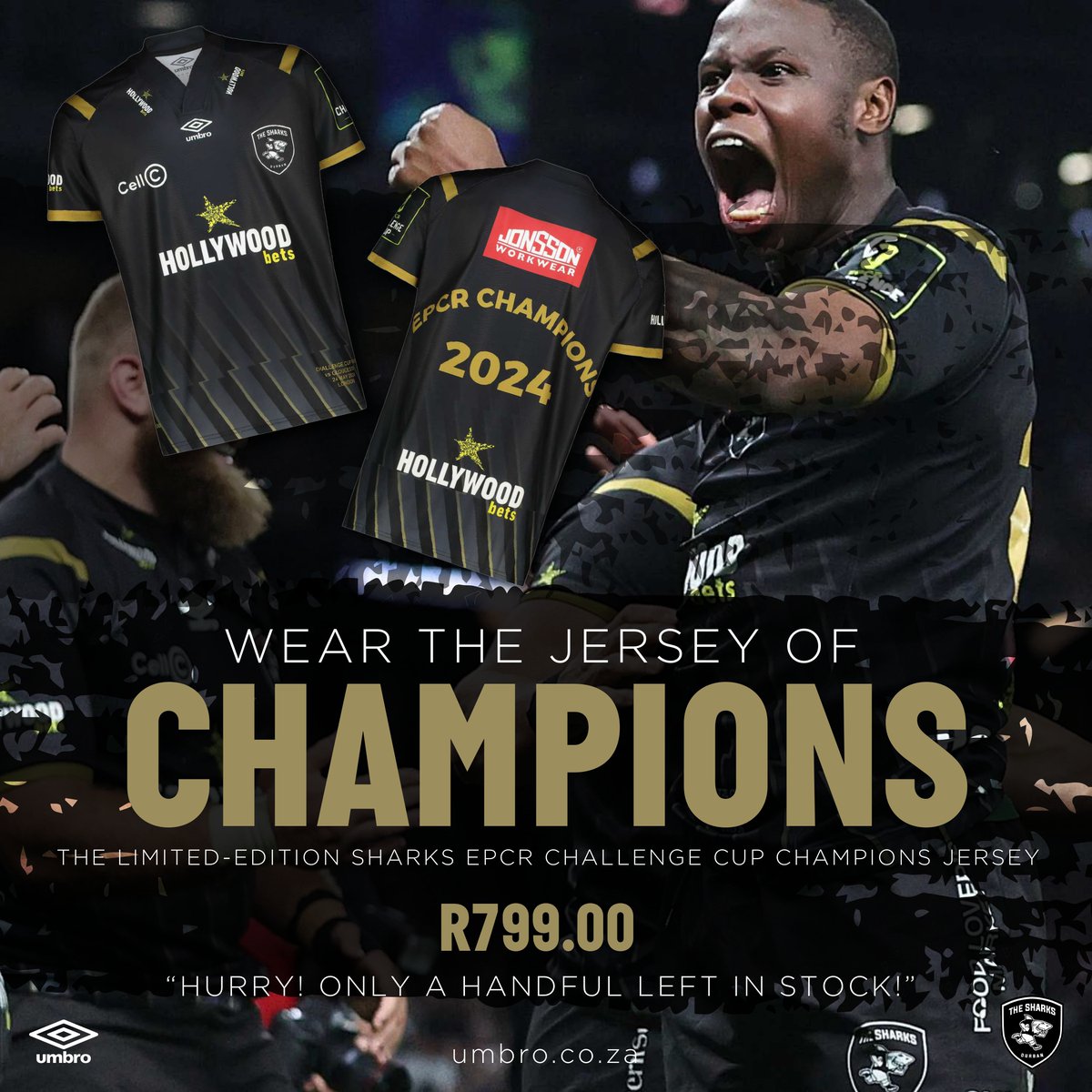 Wear the jersey of champions!  Get the limited-edition
<a href="/SharksRugby/">The Sharks</a> <a href="/ChallengeCup_/">EPCR Challenge Cup</a> Champions jersey for R799  before they sell out! 

We only have a handful of these uniquely numbered LTD edition jerseys left so shop today! 

Available while stocks last!

umbro.co.za/collections/th…