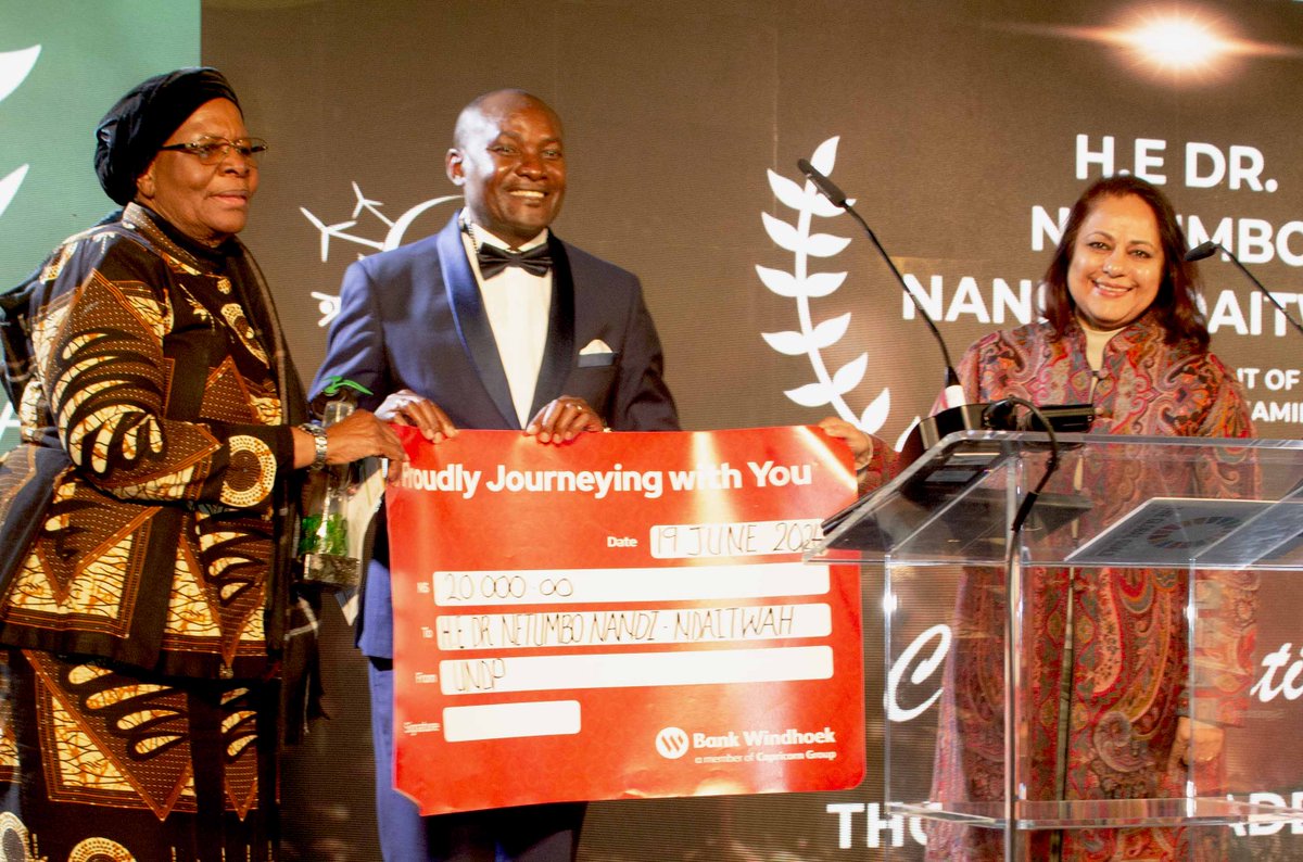 Honoured to have <a href="/UNDPNamibia/">UNDP Namibia</a>'s Resident Representative H.E. @Alka_Bhatia and Hon. <a href="/P_P_Shifeta/">Cde. Pohamba Penyomwenyo Shifeta</a> Minister of <a href="/MinistryofEnvi2/">Ministry of Environment, Forestry and Tourism</a> present the prestigious Thought Leadership Award to H.E. Netumbo Nandi-Ndaitwah <a href="/VPSWAPO/">VPSWAPO</a> at the 4th Sustainable Development Awards. #SDGs #Leadership