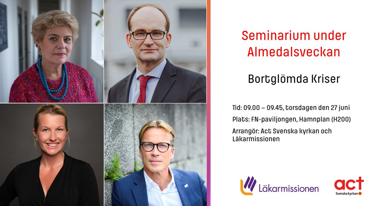 Act Svenska kyrkan (@act_svk) on Twitter photo Seminarium under Almedalsveckan:
Bortglömda Kriser Tid: 09.00 – 09.45, torsdagen den 27 juni Plats: FN-paviljongen, Hamnplan (H200) Arrangör: Act Svenska kyrkan, <a href="/UNICEF/">UNICEF</a> och Läkarmissionen
<a href="/ErikLysen/">Erik Lysén</a> <a href="/JossanSundqvist/">Josephine Sundqvist</a> <a href="/JakobGranit/">Jakob Granit</a> <a href="/LSylwander/">Lotta Sylwander</a> och moderator <a href="/stefanswartpet/">stefan swartling peterson</a> Seminarium under Almedalsveckan:
Bortglömda Kriser Tid: 09.00 – 09.45, torsdagen den 27 juni Plats: FN-paviljongen, Hamnplan (H200) Arrangör: Act Svenska kyrkan, <a href="/UNICEF/">UNICEF</a> och Läkarmissionen
<a href="/ErikLysen/">Erik Lysén</a> <a href="/JossanSundqvist/">Josephine Sundqvist</a> <a href="/JakobGranit/">Jakob Granit</a> <a href="/LSylwander/">Lotta Sylwander</a> och moderator <a href="/stefanswartpet/">stefan swartling peterson</a>