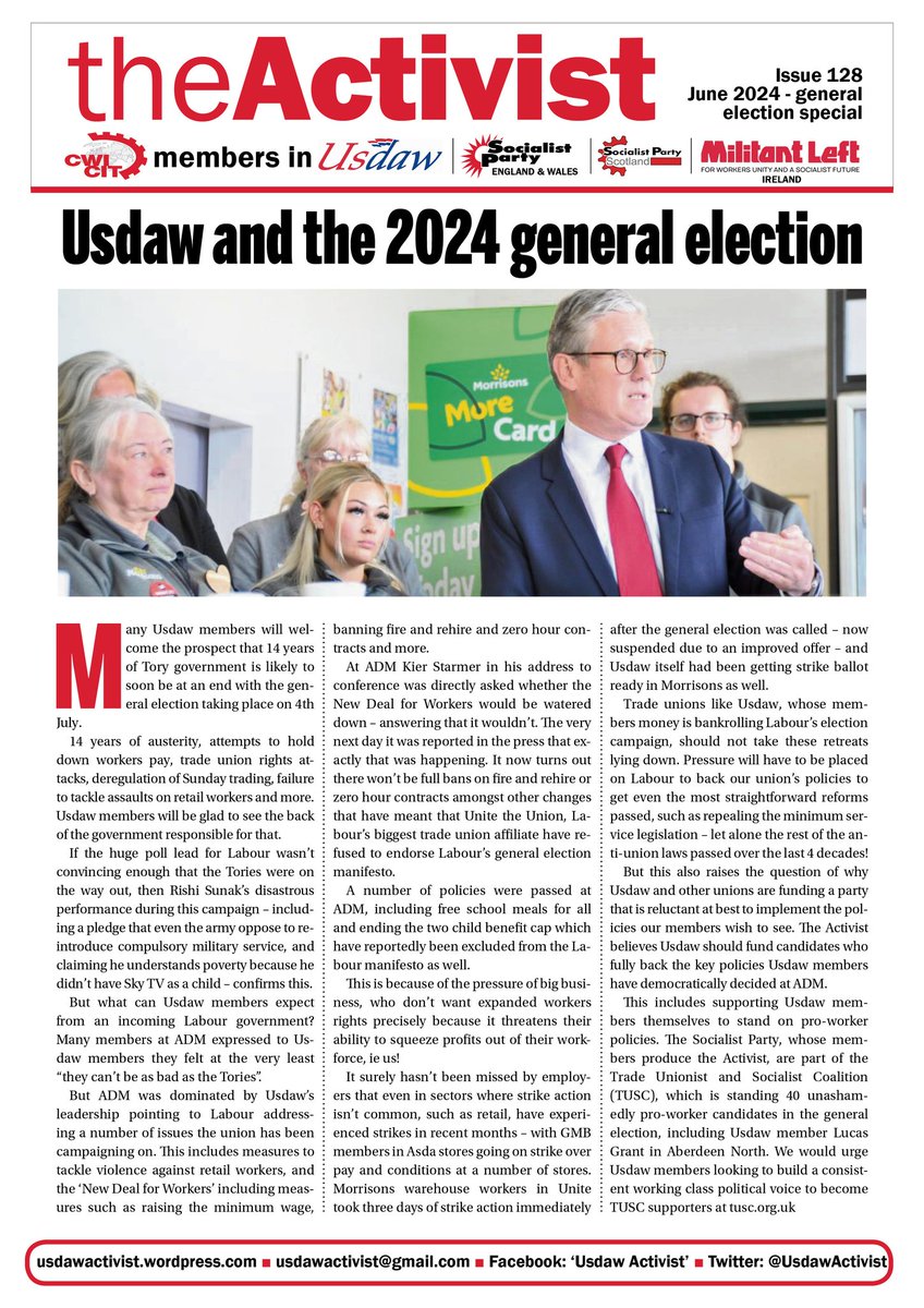 UsdawActivist's tweet image. 🚩🚩🚩The General Election special of the Activist is now out, including an interview with Lucas Grant, an Usdaw member standing for @TUSCoalition in Aberdeen North
👉👉👉You can get the pdf of this issue from the Activist website - usdawactivist.wordpress.com/2024/06/20/act…
#tusc #usdaw