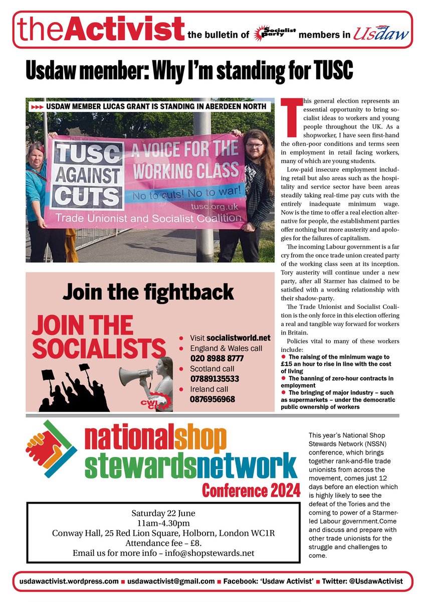 UsdawActivist's tweet image. 🚩🚩🚩The General Election special of the Activist is now out, including an interview with Lucas Grant, an Usdaw member standing for @TUSCoalition in Aberdeen North
👉👉👉You can get the pdf of this issue from the Activist website - usdawactivist.wordpress.com/2024/06/20/act…
#tusc #usdaw