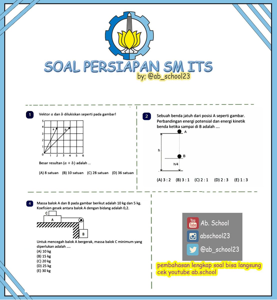 [SM ITS 2024]
Buat yang mau Tes Ujian Mandiri ITS (SMITS), yuk latihan tipe soal TKA SM ITS bag.Fisika yg sering muncul ditahun sebelumnya! 
Untuk pembahasan lengkapnya bisa langsung cek kesini youtu.be/_2XbFcinLVY?si…