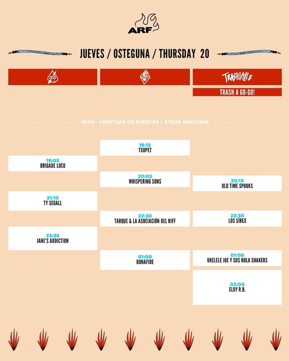 AzkenaRockFest's tweet image. Horarios para hoy! Abrimos puertas a las 18h y desde las 18.15 @txopet encenderá la llama del #azkenarockfestival para esta edicion! 
Muchas ganas! 🔥