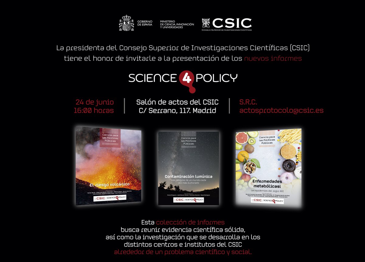 CSIC's tweet image. 📚El CSIC sigue poniendo su conocimiento al servicio del diseño de políticas públicas y la toma de decisiones basadas en la evidencia científica con la presentación de los nuevos informes #ScienceForPolicy

🗓️24 de junio

👉Confirma tu asistencia: bit.ly/4c8wWz4