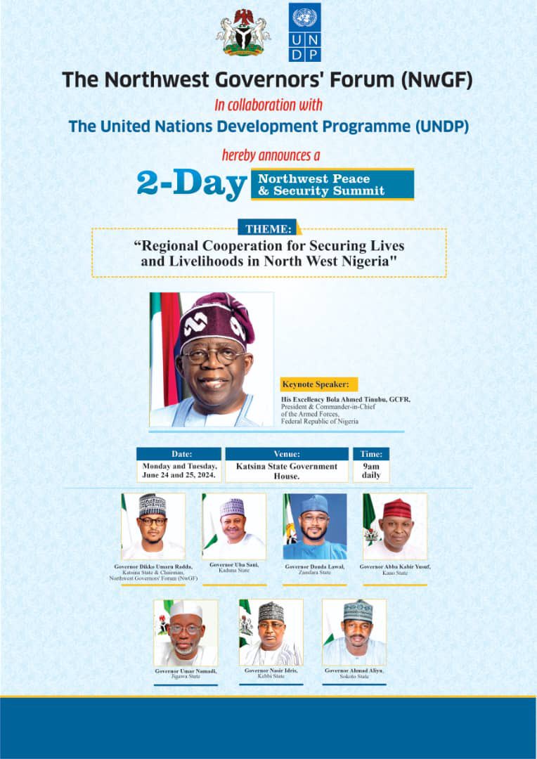 Katsina, UNDP To Host Northwest Peace, Security Summit

The Northwest Governors Forum in collaboration with the United Nations Development Programme ( UNDP) <a href="/UNDPNigeria/">UNDP Nigeria</a> will host the North West peace and security summit in Katsina State. 

The summit has as its theme “ Regional