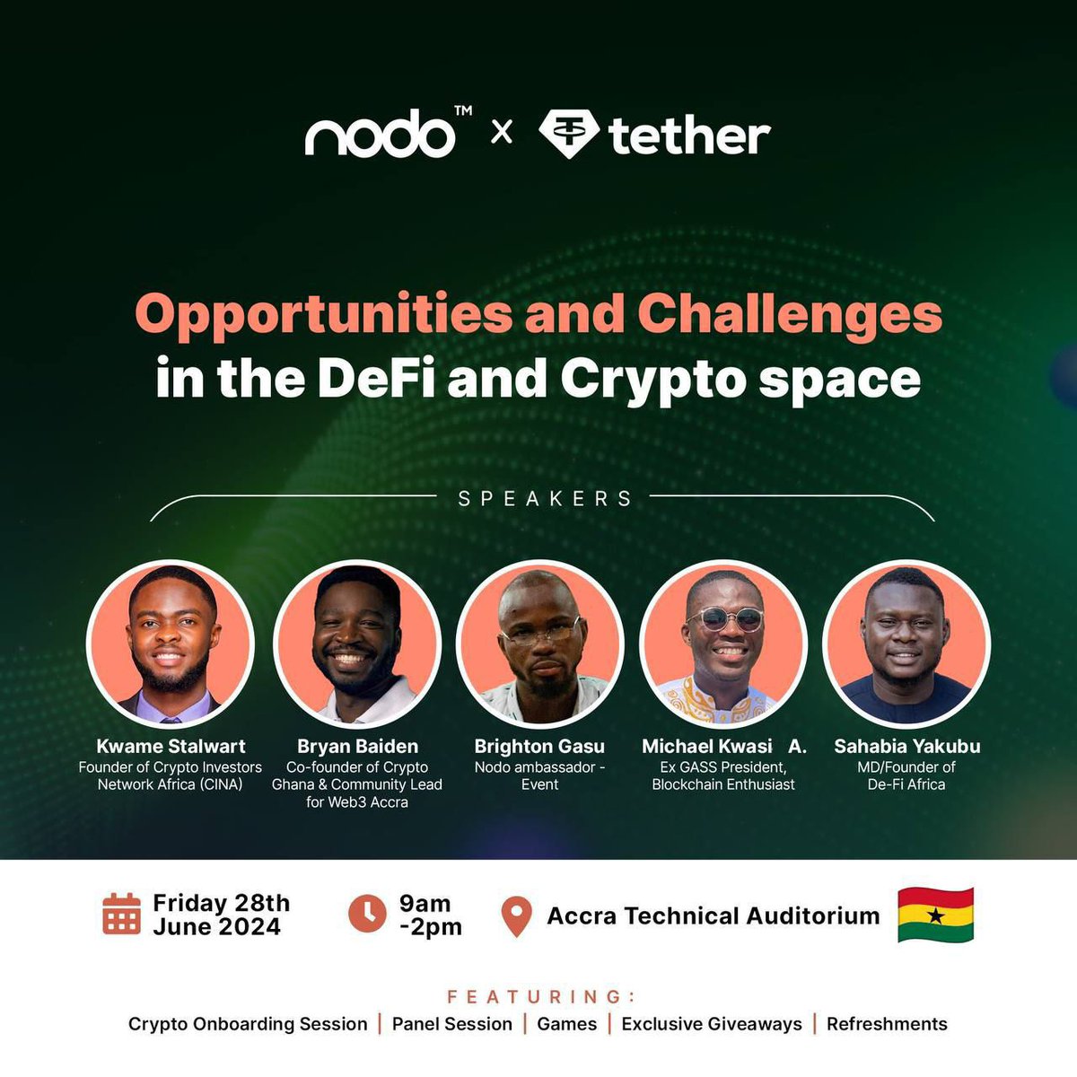 NODO, a vibrant pan-African SocialFi platform transforming how you engage with Web3. Engage in quizzes, surveys to earn $USDT rewards!
Sign up on Nodo here👇🏽
app.nodo.xyz/referral-code/…

Event details:
Date: June 28th, 2024
Time: 9am - 2pm 
Venue: ATU Auditorium.
#Nodo #Tether
