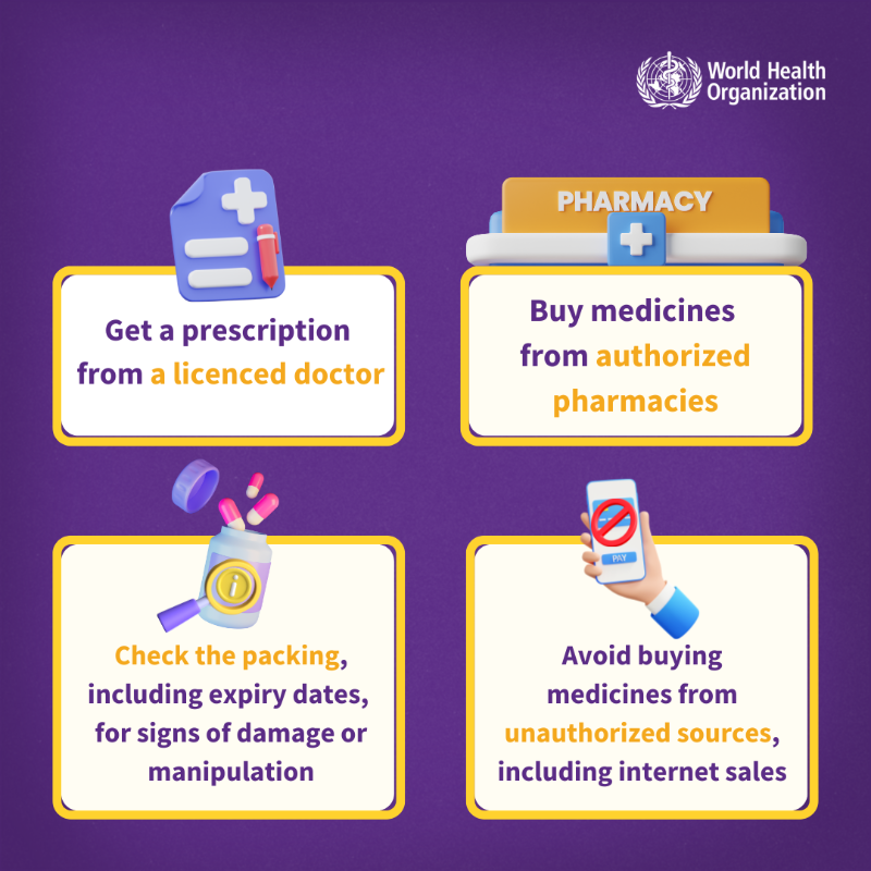 WHO's tweet photo. Taking falsified medicines can harm your health. They may contain:

❌ no or incorrect amount of active ingredient
❌ the wrong active ingredient

These medicines won’t treat or prevent disease &amp; may cause harmful side effects. Only purchase 💊  from authorized pharmacies.