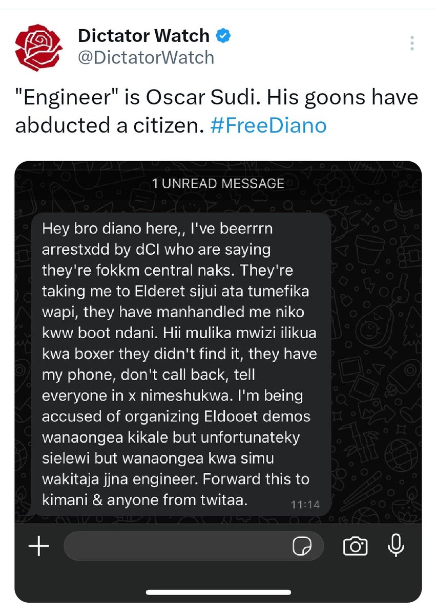 We are giving Oscar Sudi 2 hours to release Diano whom they have abducted, or we will ask Gen Z and Millennials to visit his home. #FreeDiano