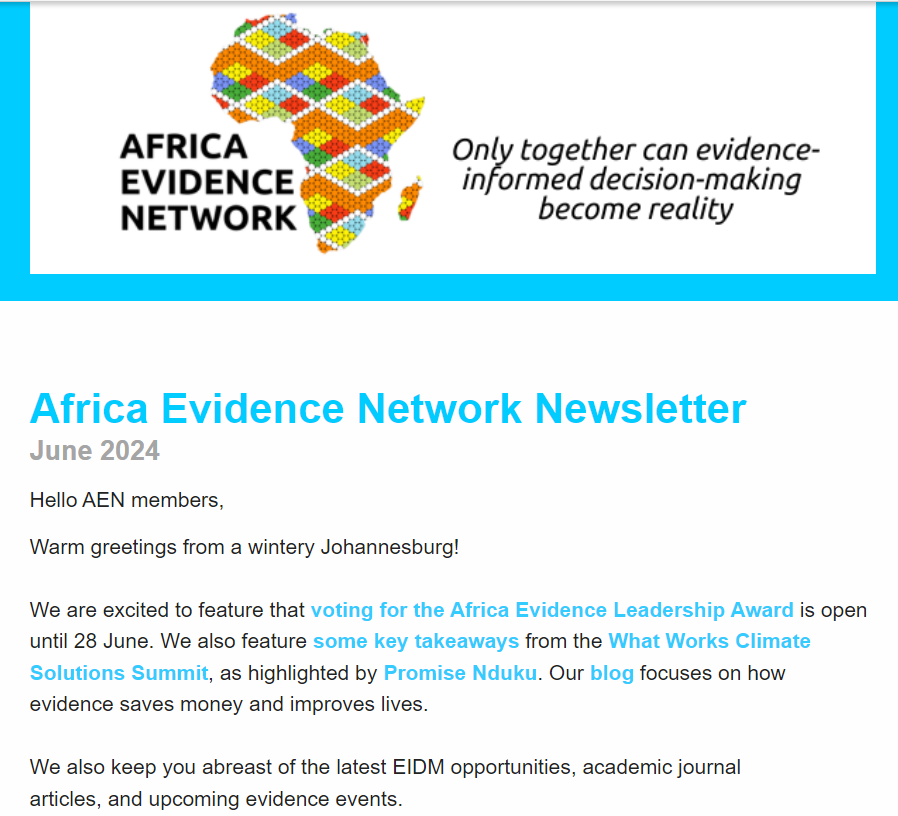 Africa_evidence's tweet photo. Our Jun #AENnewsletter is out: https://t.co/b3FtSRIr6z! It features voting for #AELA2024, which is open until 28 Jun. You'll enjoy reading key highlights of @ndukup1's experience at @WWCS_summit. The #AENblog by @tallestnaija focuses on how evidence saves money & improves lives. https://t.co/giZxIzFjVk