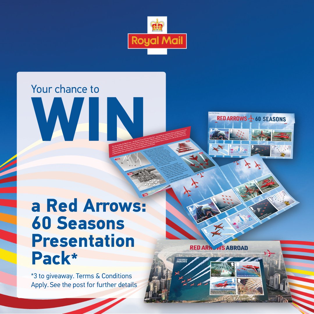 RoyalMail's tweet image. Here's your chance to win a Red Arrows: 60 Seasons Presentation Pack (3 to give away). 

Q. What aircraft do the Red Arrows currently fly?

To enter, like+RT+reply below with the correct answer by 11:59pm on 25/06/2024

18+ UK only. Ts &amp;amp; Cs: ms.spr.ly/6013YFfLt