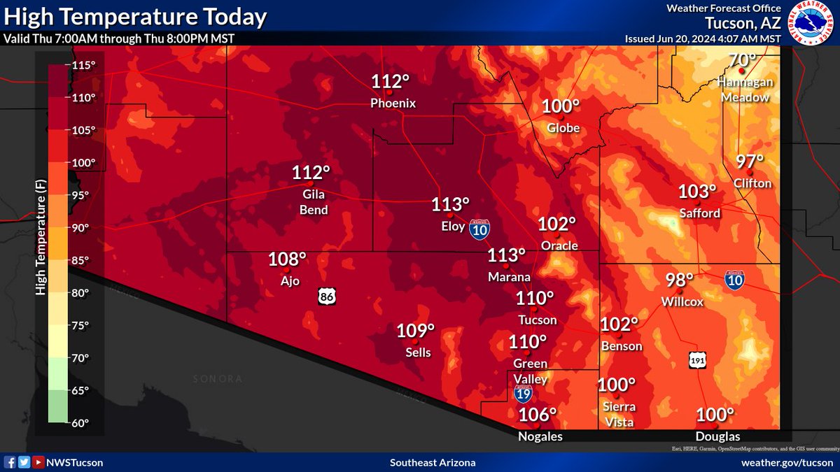 NWSTucson's tweet photo. Monsoonal moisture on the way! A Blowing Dust Advisory is in effect from 3 PM to 8 PM this evening due to anticipated thunderstorm outflows. Storms will fire along a Nogales to Phoenix line after 2 PM. Otherwise, expect another hot and windy day for southeast Arizona. #azwx https://t.co/qF4XFQQjRK
