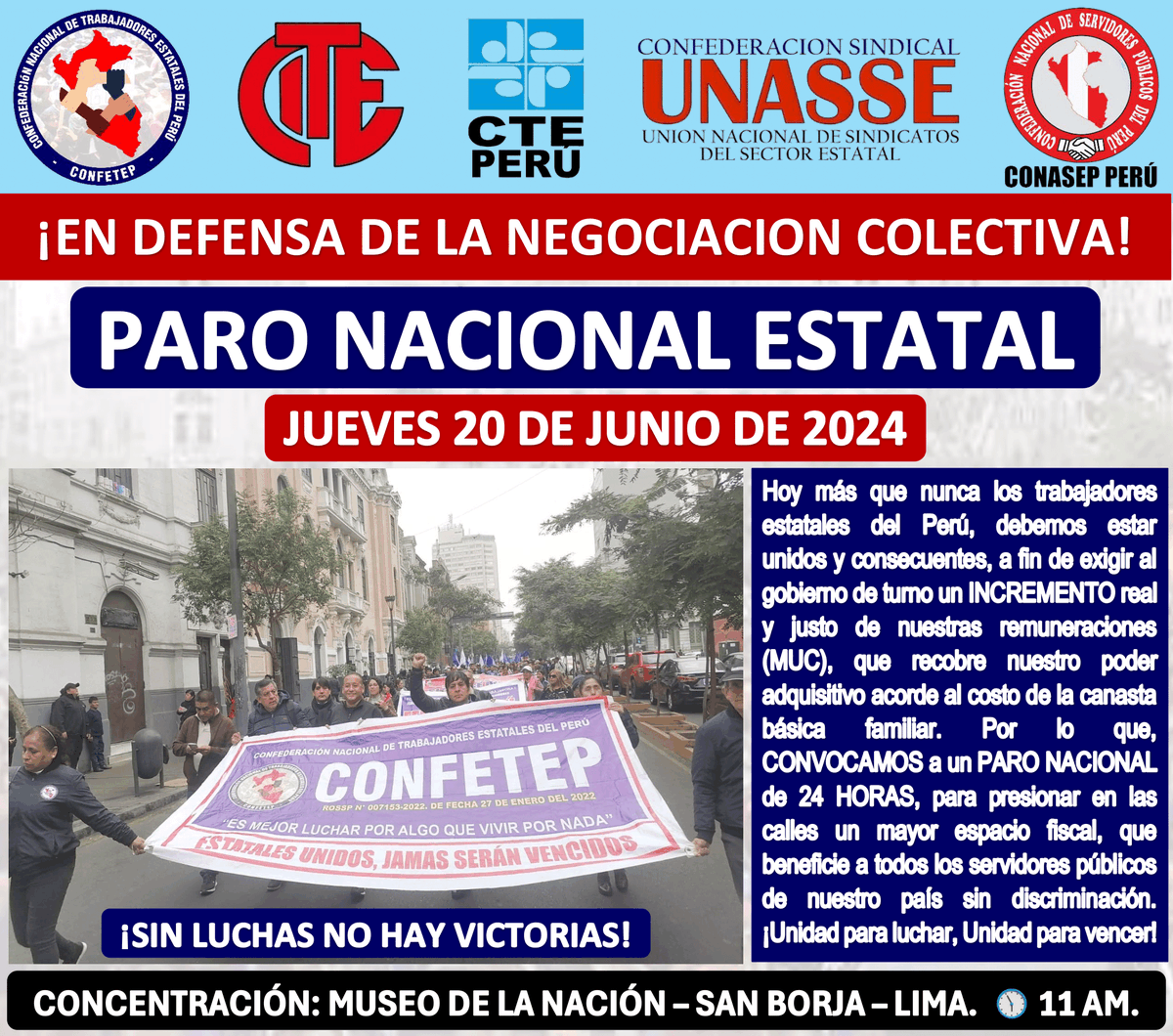 CONFETEP's tweet photo. PARO NACIONAL DE LOS TRABAJADORES ESTATALES. 20 de junio de 2024, por un mayor espacio fiscal digno para recuperar la capacidad adquisitiva de nuestras remuneraciones. !Sin luchas no hay Victorias!. https://t.co/55ZvxfdWme